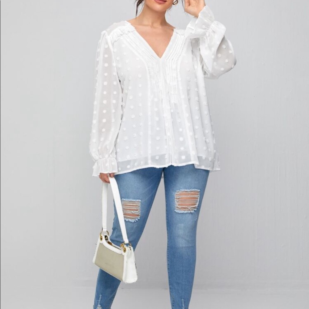 Boho Plus Size Swiss Dot Sheer Mesh Flounce Sleeve Top Blouse - Picture 5 of 5
